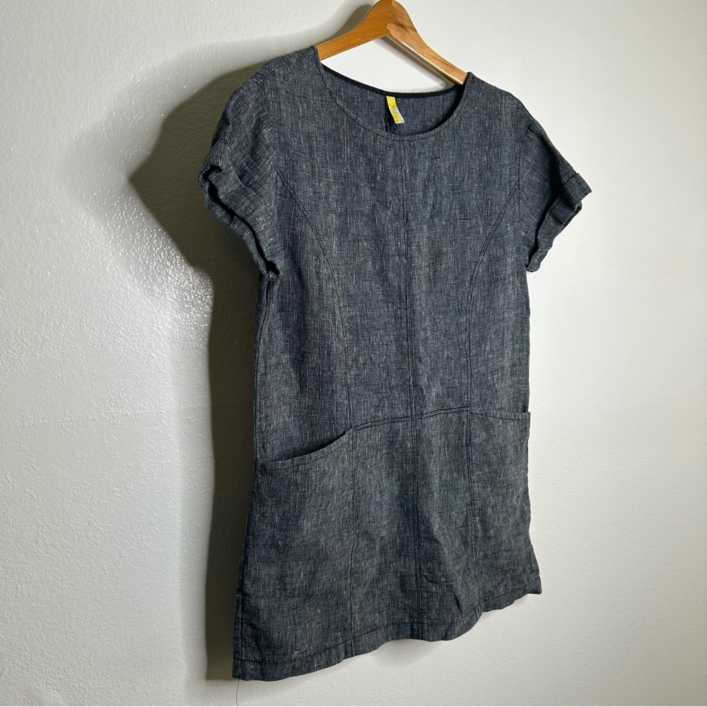 Free People 100% Linen Striped Navy Tunic Style Shift Dress Boxy Fit